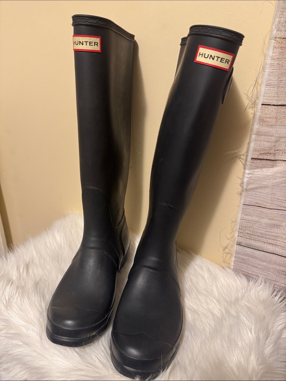 Hunter Boots Black Knee-High Rubber with Red Logo Size 10